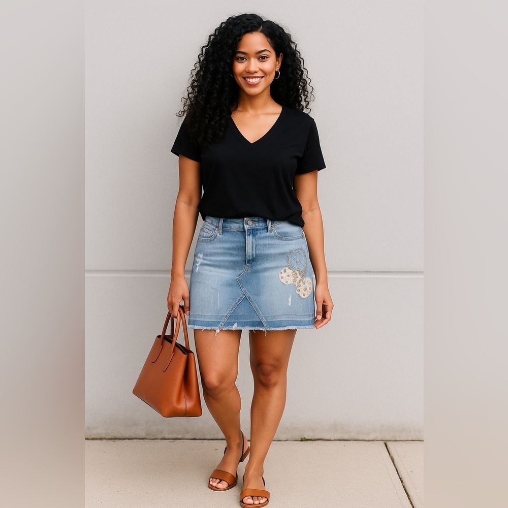 Old Navy’s Jeans ultra low waist stonewashed boho distressed frayed mini skirt.